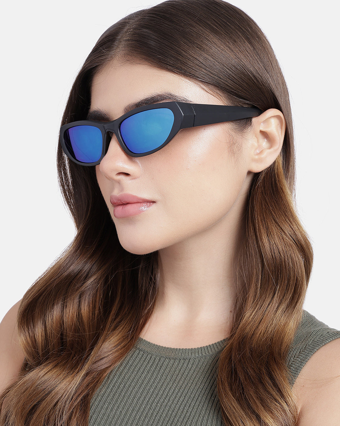 Women Matt Black Toned UV Protected Blue Mirror Lens Sports Sunglasses