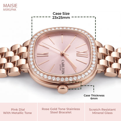 Carlton London Maisie Women’s Watch - Pink Rectangle Dial, Rose Gold Stainless Steel Strap - MSRGPNK