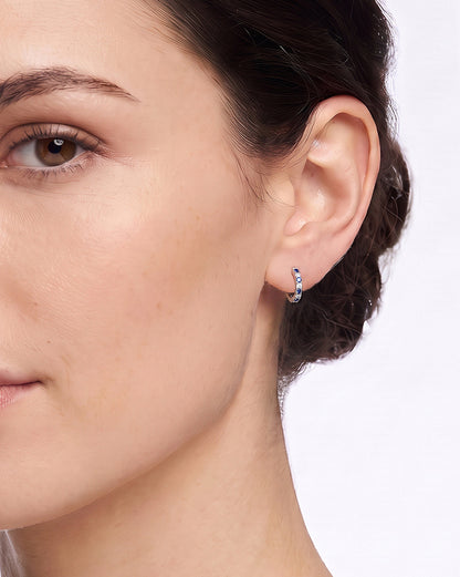 925 Sterling Silver Rhodium Plated Blue Saphire CZ Studded Mini Hoop Earring
