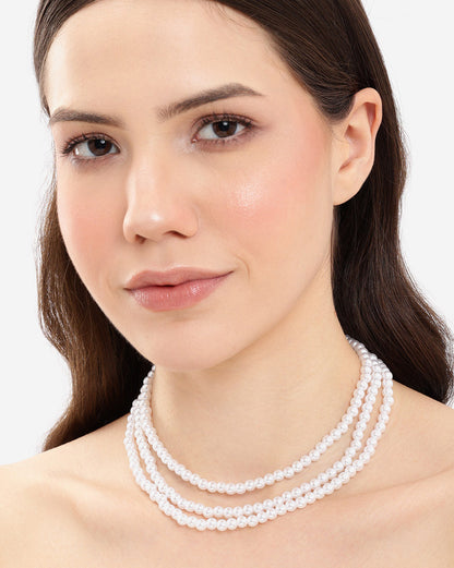 Gold Plated Classic Pearl Triple Strand Layered Necklace