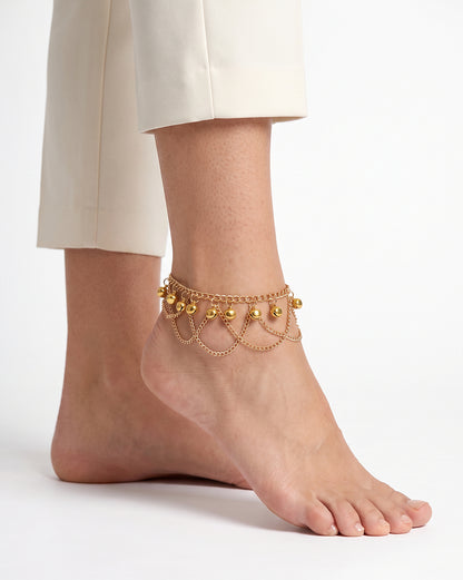 Gold Plated Dainty Layered Chain Anklet with Bells