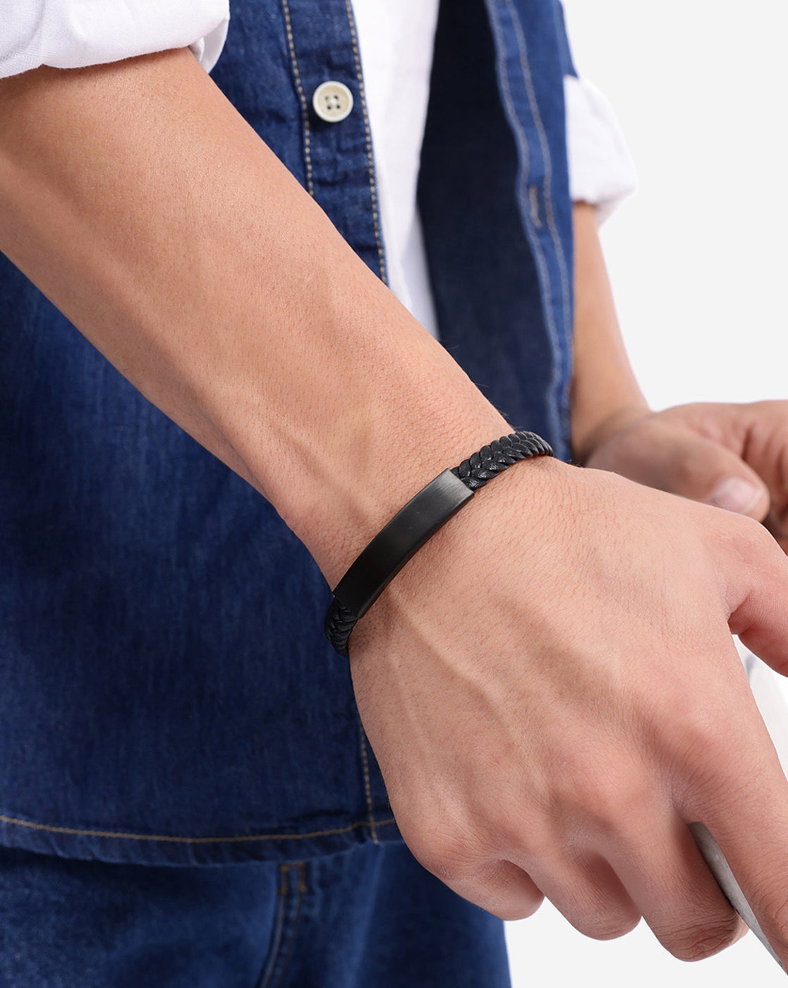 Men Black Toned Faux Leather Bracelet