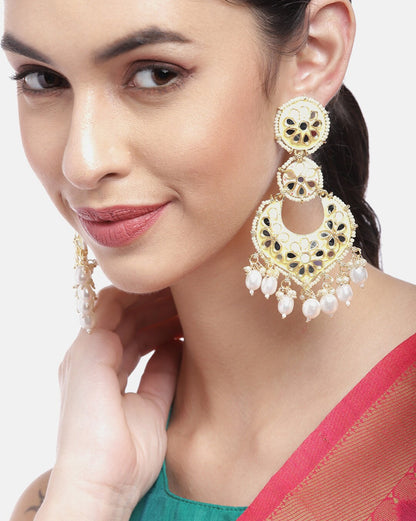 Gold Plated Mirror Studded Enamel &amp; Pearl Chandbali Earrings
