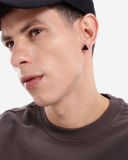 Men Black Toned Triangular Enamel Stud Earring