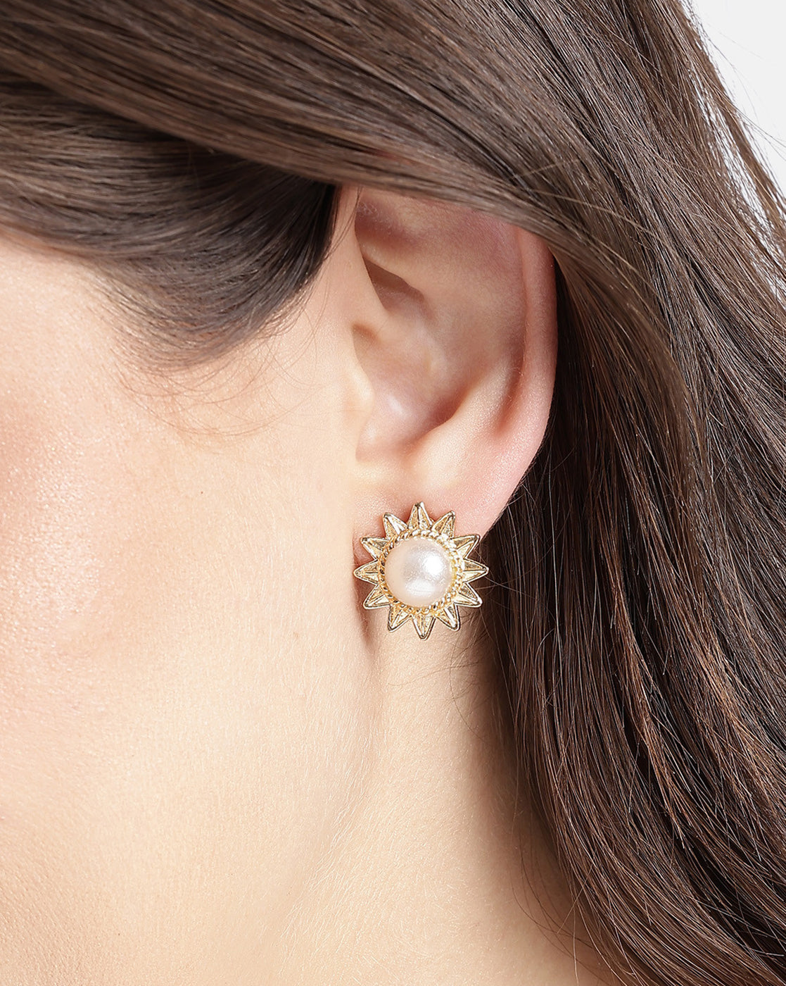 Gold Plated Elegant Pearl Rising Sun Stud Earrings