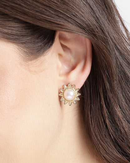 Gold Plated Elegant Pearl Rising Sun Stud Earrings
