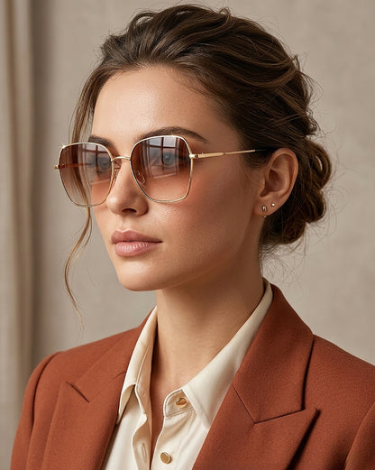 Women Gold and Black Toned Brown UV Protected Lens Oversized Sunglasses