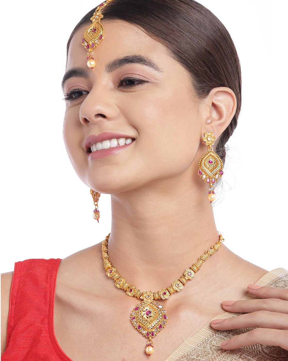 Gold Plated Festive CZ Filigree Necklace, Earring and Maang Tika Set