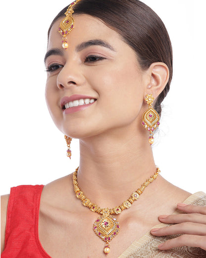 Gold Plated Festive CZ Filigree Necklace, Earring and Maang Tika Set