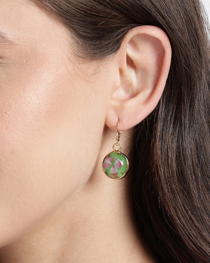 Gold Plated Artistic Dangling Green Enamel Floral Hoop Earring