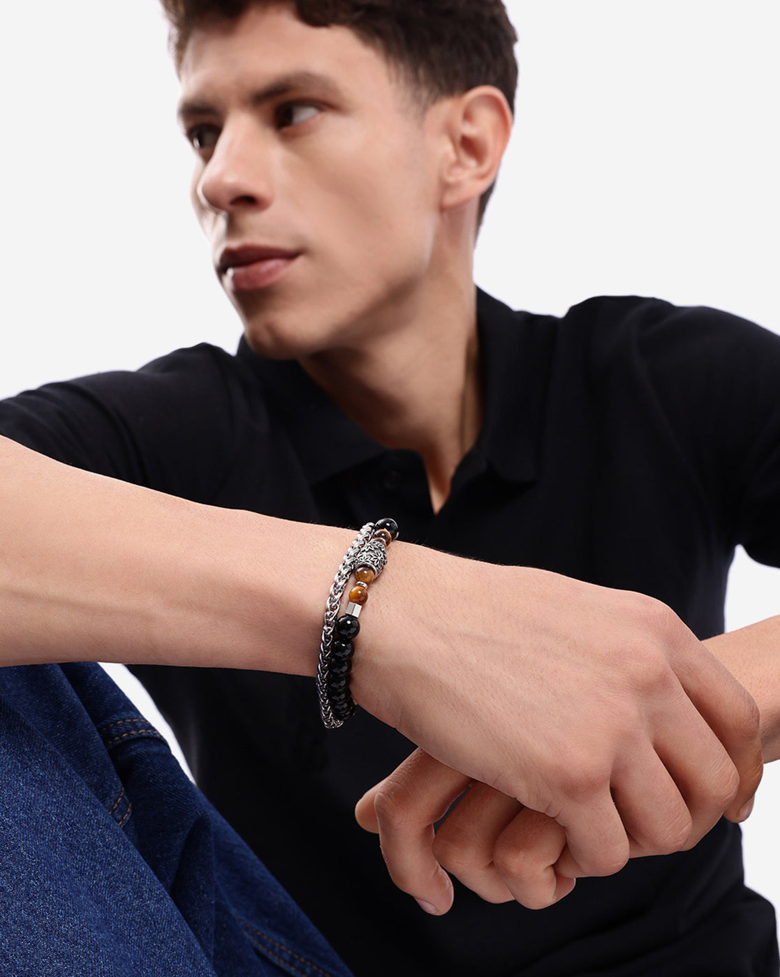 Men Silver Plated Bead Double Chain Layered Bracelet