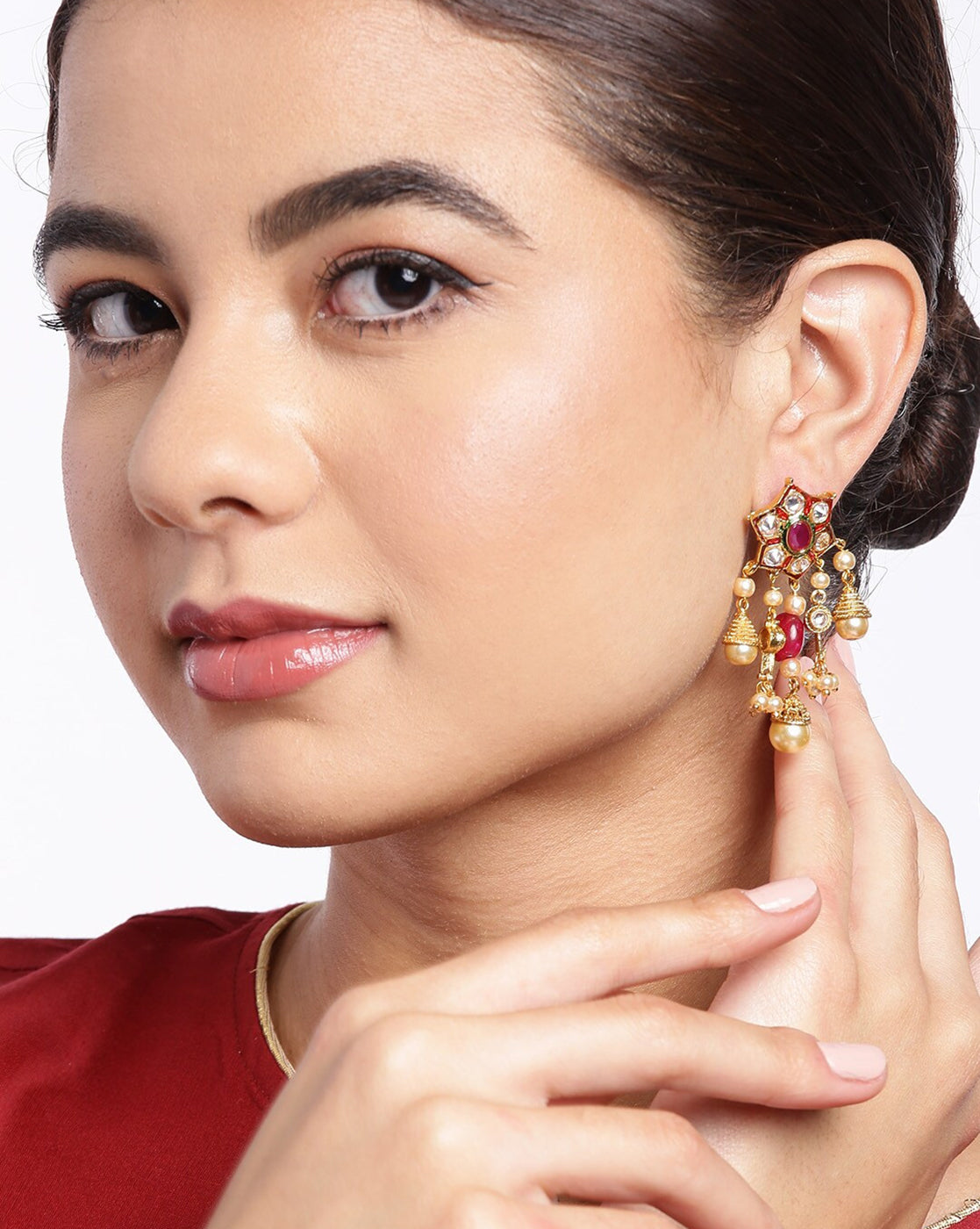 Gold Plated Kundan Traditional Chandelier Earrings with Pearl Drops