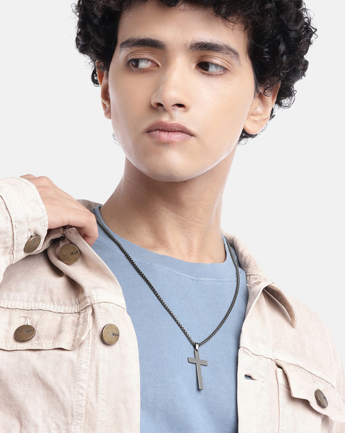Men Metallic Toned Jesus Cross Pendant and Venetian Chain