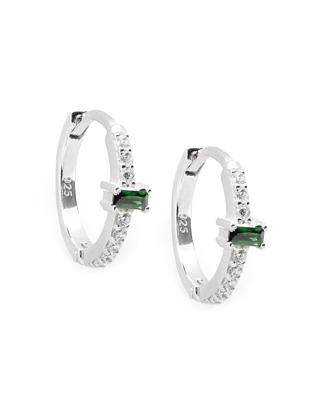 925 Sterling Silver Rhodium Plated Green CZ Hoop Earring