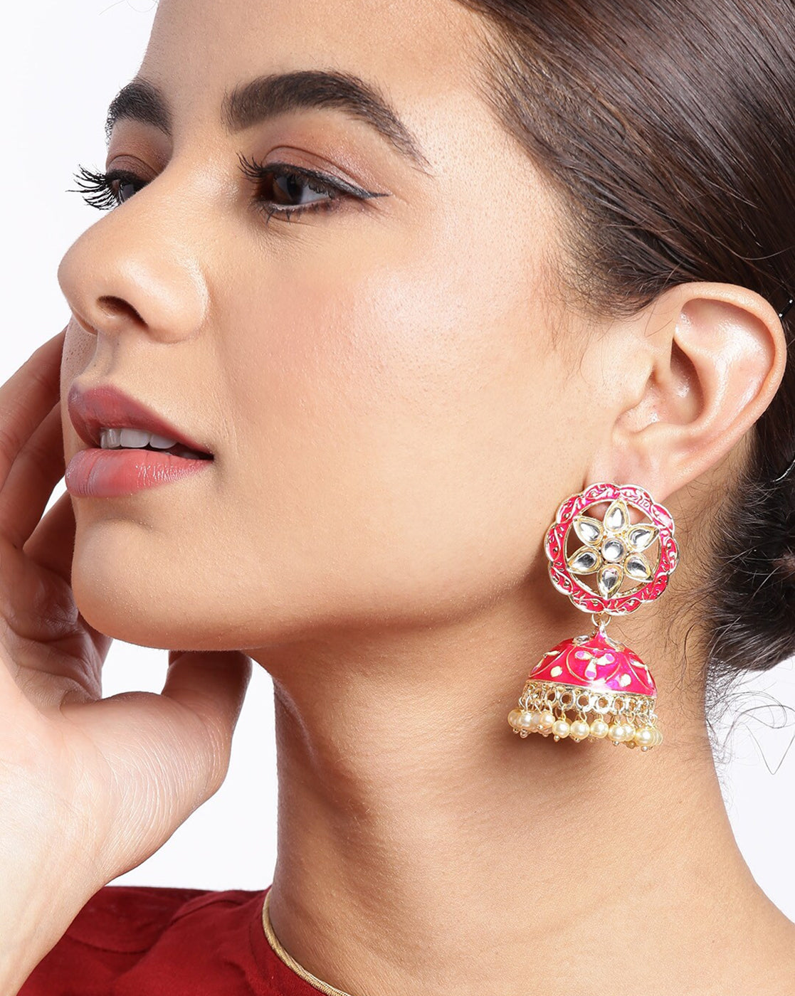 Gold Plated Kundan and Red Meenakari Jhumka Earrings with Pearl Drops