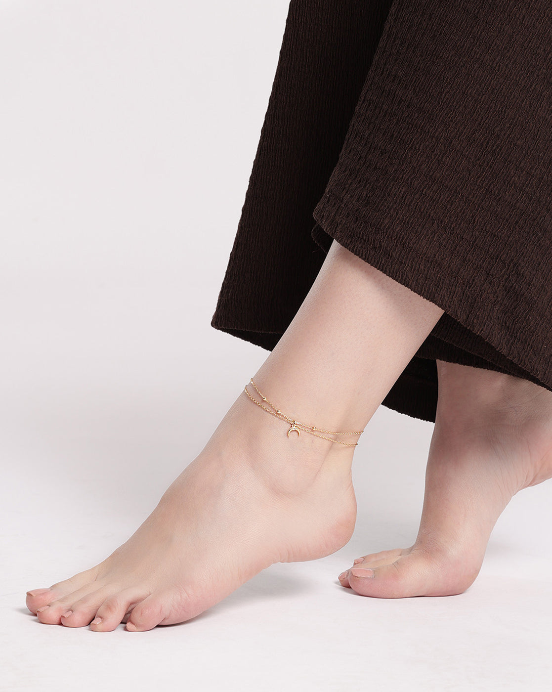 18kt Gold Plated CZ Moon Charm Layered Anklet
