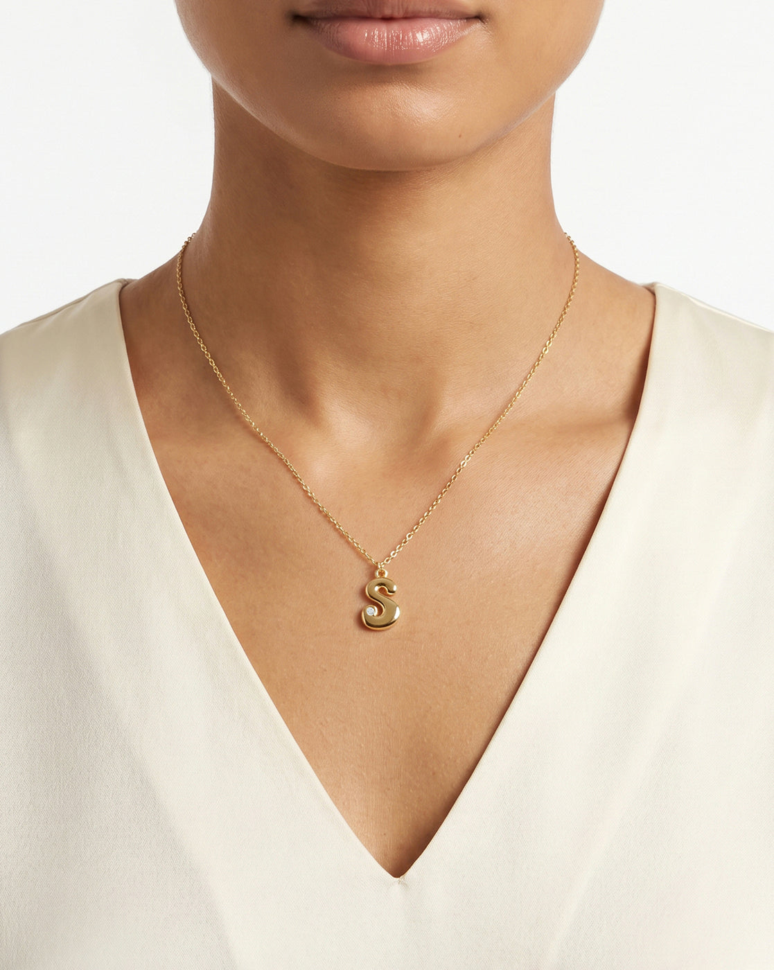 18kt Gold Plated CZ Bubble Letter S Pendant and Chain
