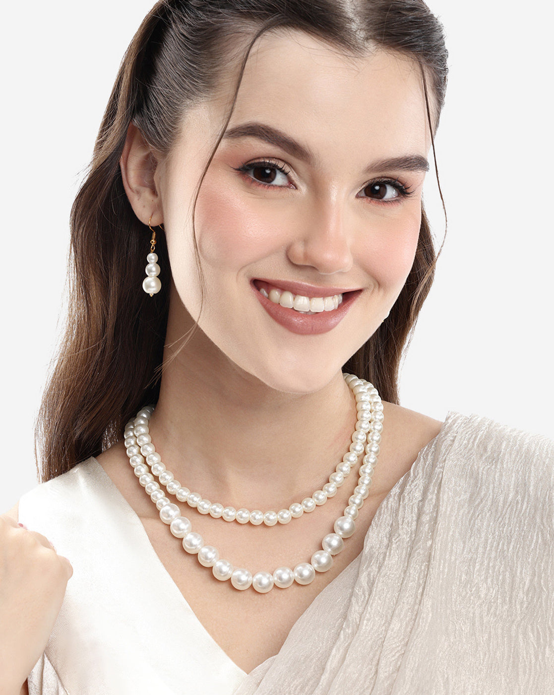 Gold Plated Double Strand Graduating Pearl Long Necklace with Earring Set