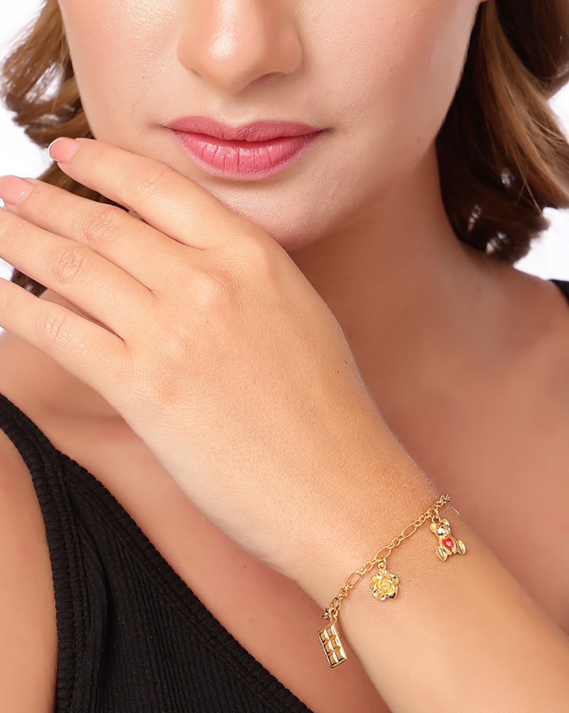 18kt Gold Plated Dangling Floral Teddy Heart Charm Enamel Bracelet