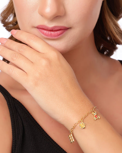 18kt Gold Plated Dangling Floral Teddy Heart Charm Enamel Bracelet