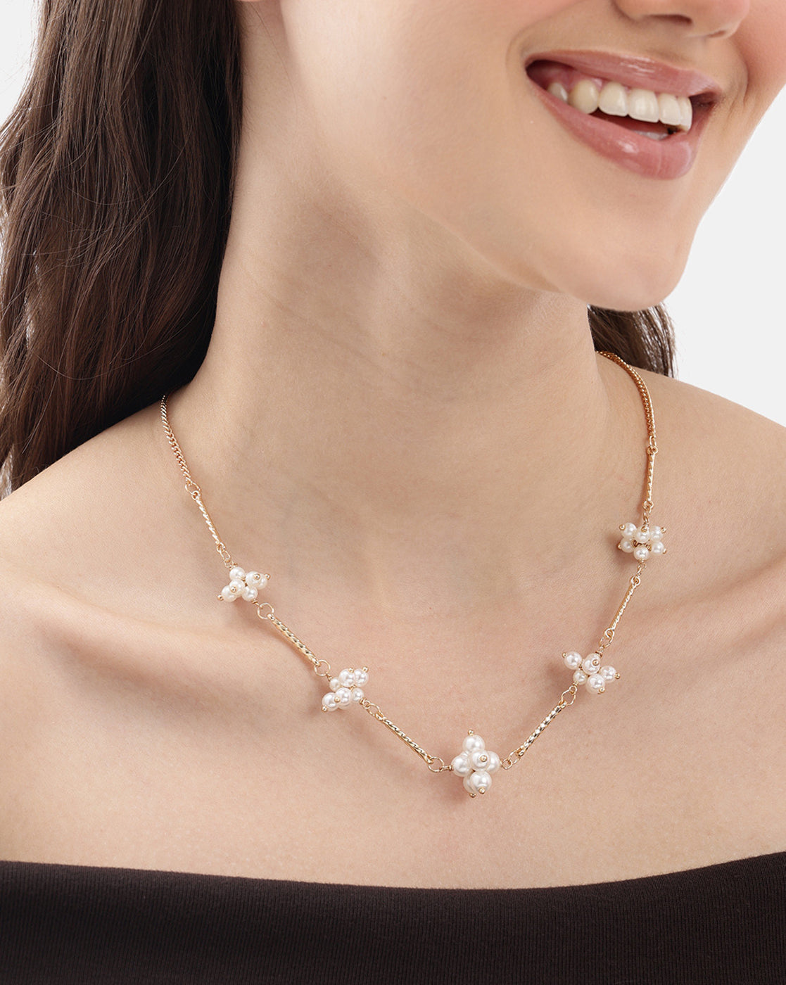 Gold Plated Bar &amp; Pearl Beaded Necklace