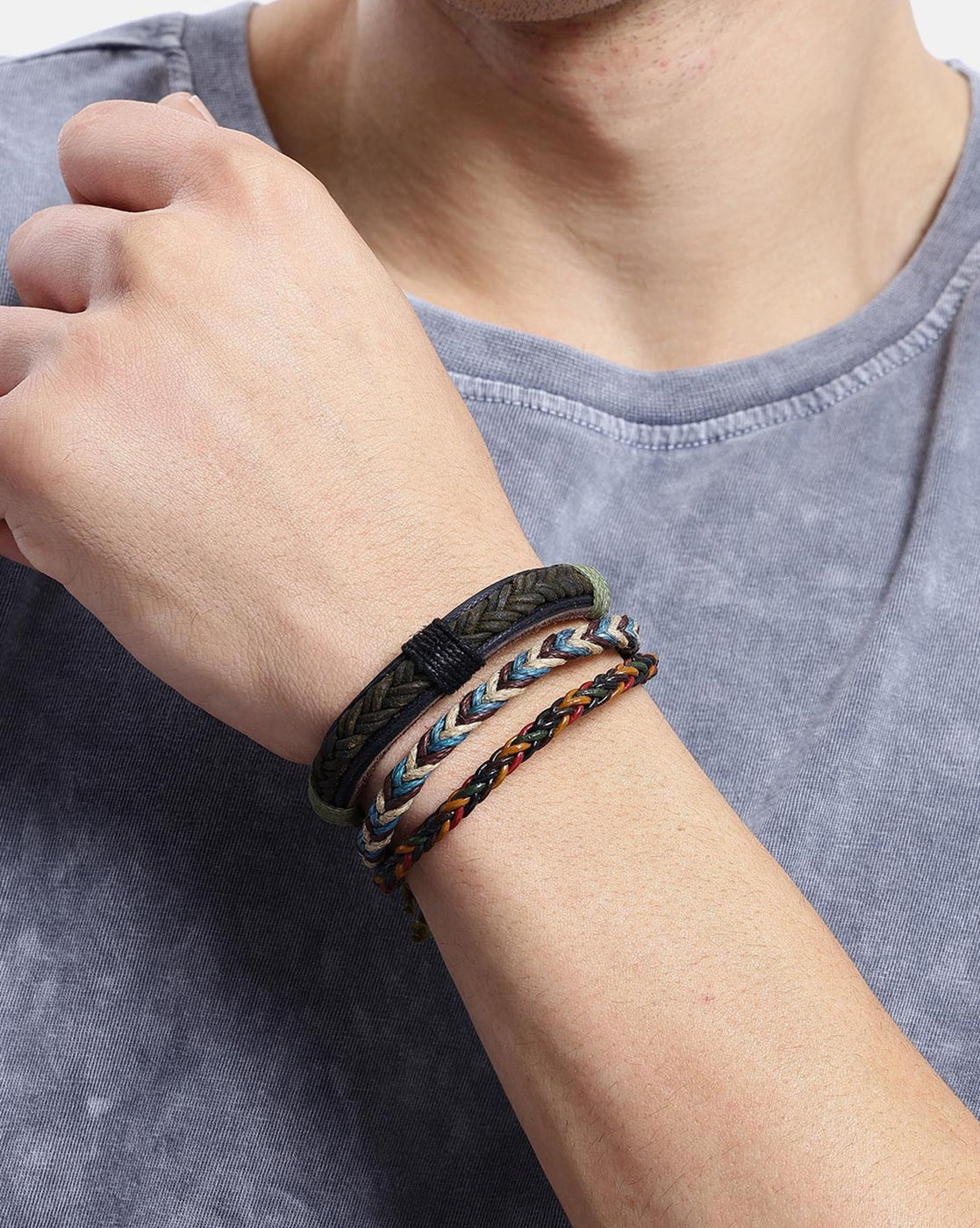 Men Set of 2 Bohemian Multistrand Adjustable Faux Leather Bracelet