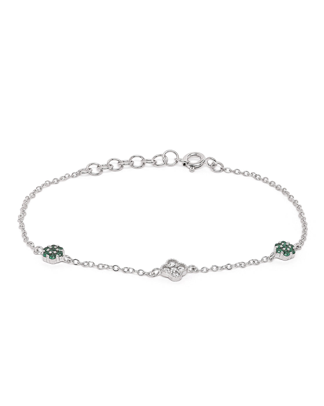Rhodium Plated Green CZ Van Cleef Charm Adjustable Bracelet
