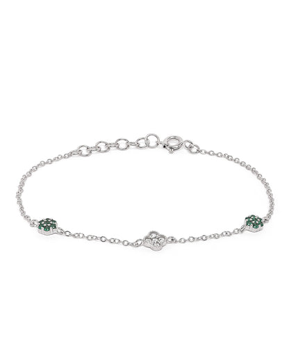Rhodium Plated Green CZ Van Cleef Charm Adjustable Bracelet