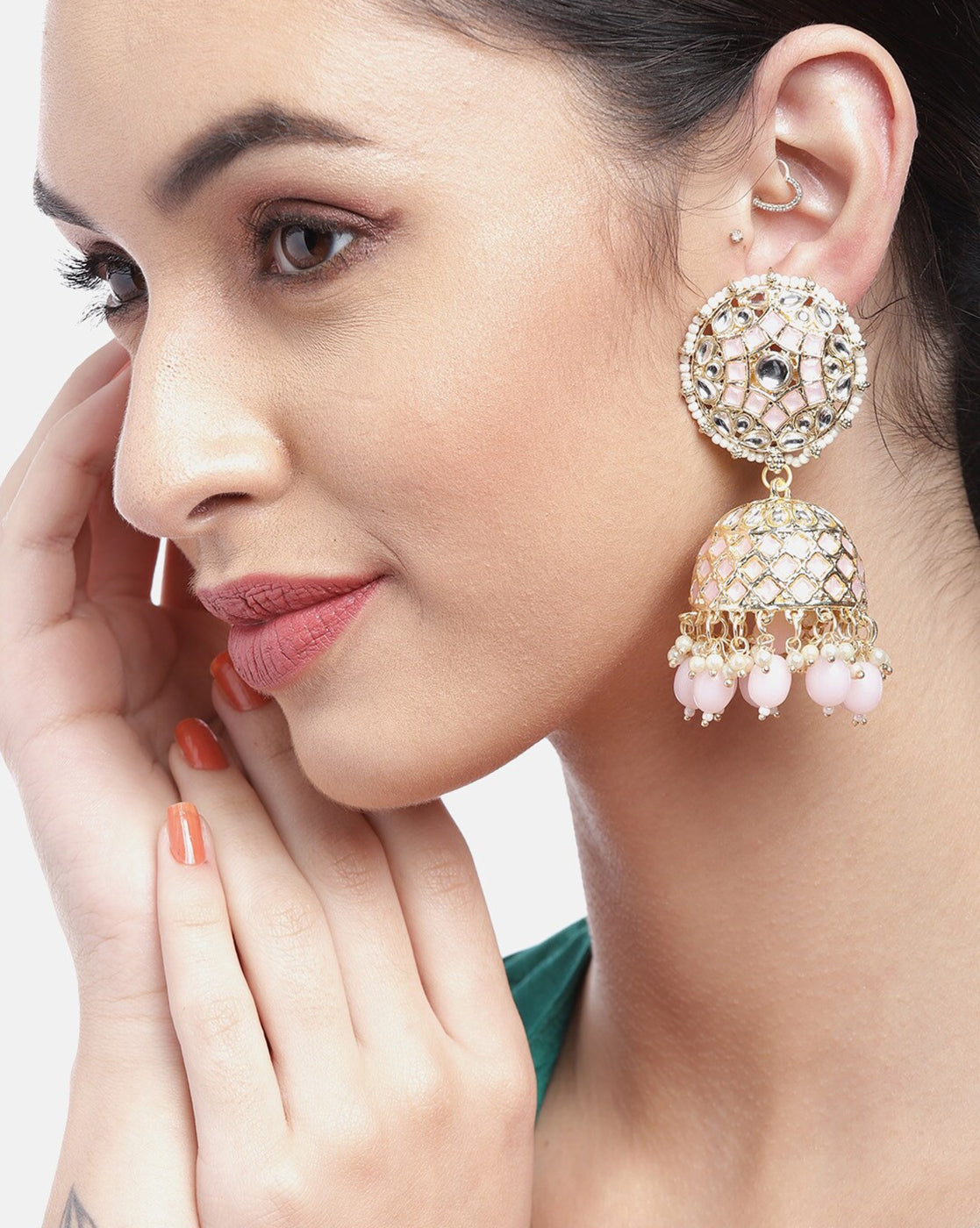 Gold Plated Kundan Studded Dome Jhumka Earring with Pink Bead Drops