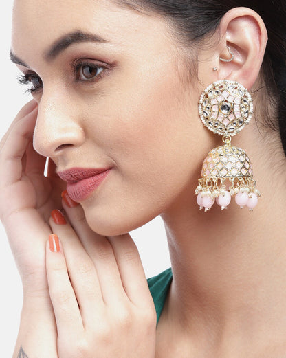 Gold Plated Kundan Studded Dome Jhumka Earring with Pink Bead Drops
