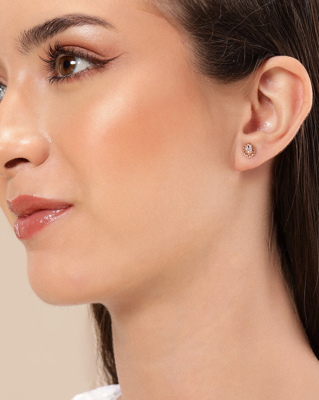925 Sterling Silver 18kt Rose Gold Plated Solitaire Floral Oval Stud Earring