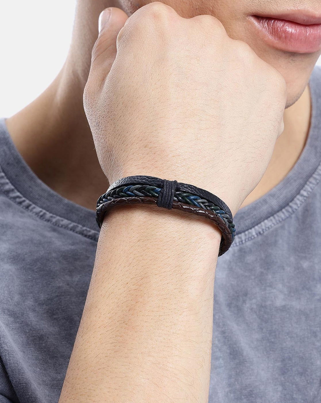 Men Set of 2 Braided Multistrand Adjustable Faux Leather Bracelet