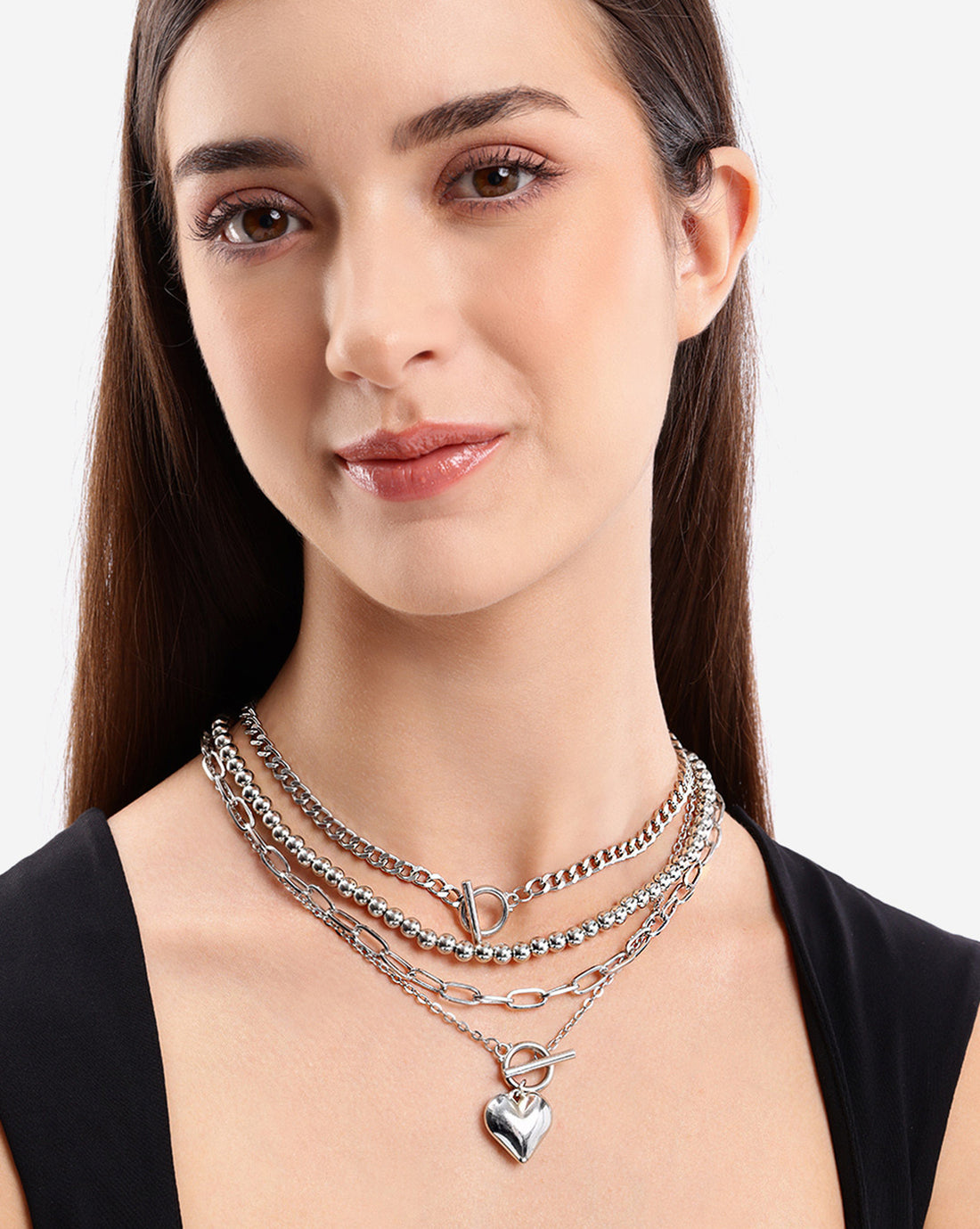 Set of 4 Silver Plated Puffed Heart, Toggle with Fancy Chains Multilayered Necklace