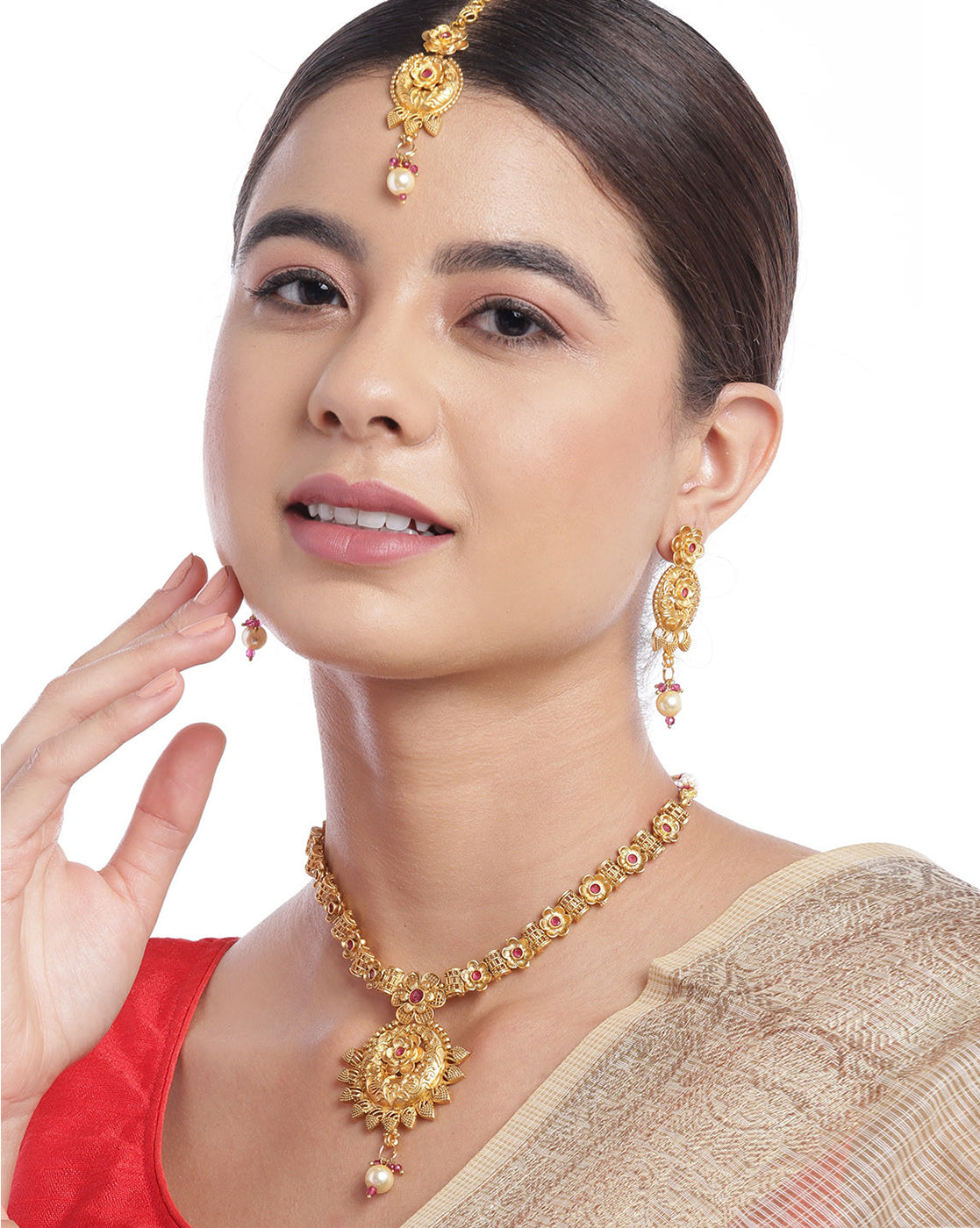 Gold Plated Traditional Ruby Red Floral Necklace and Earring with Maang Tika Set