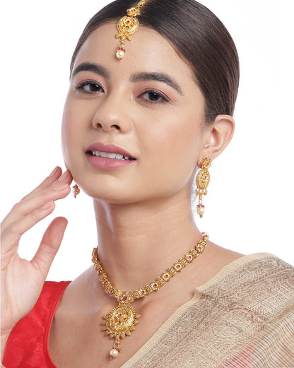 Gold Plated Traditional Ruby Red Floral Necklace and Earring with Maang Tika Set