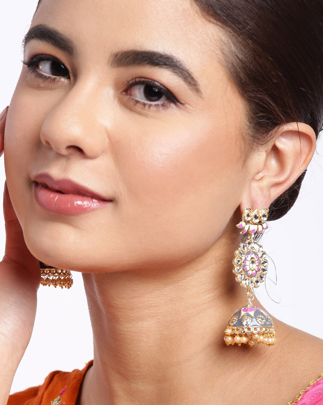 Gold Plated Polki Kundan Studded Enamel Jhumka Earring