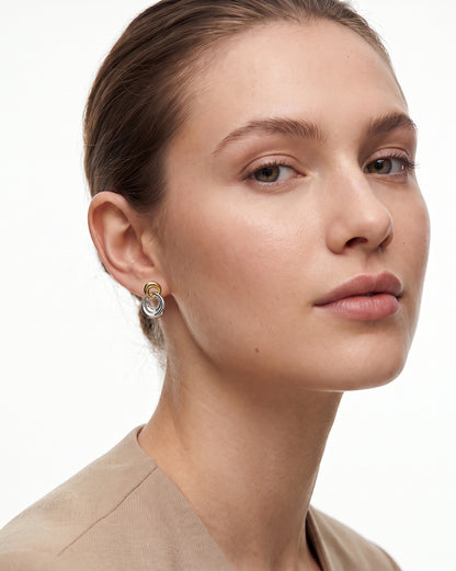 18kt Gold &amp; Rhodium Plated Double Circle Interlinked Drop Earring