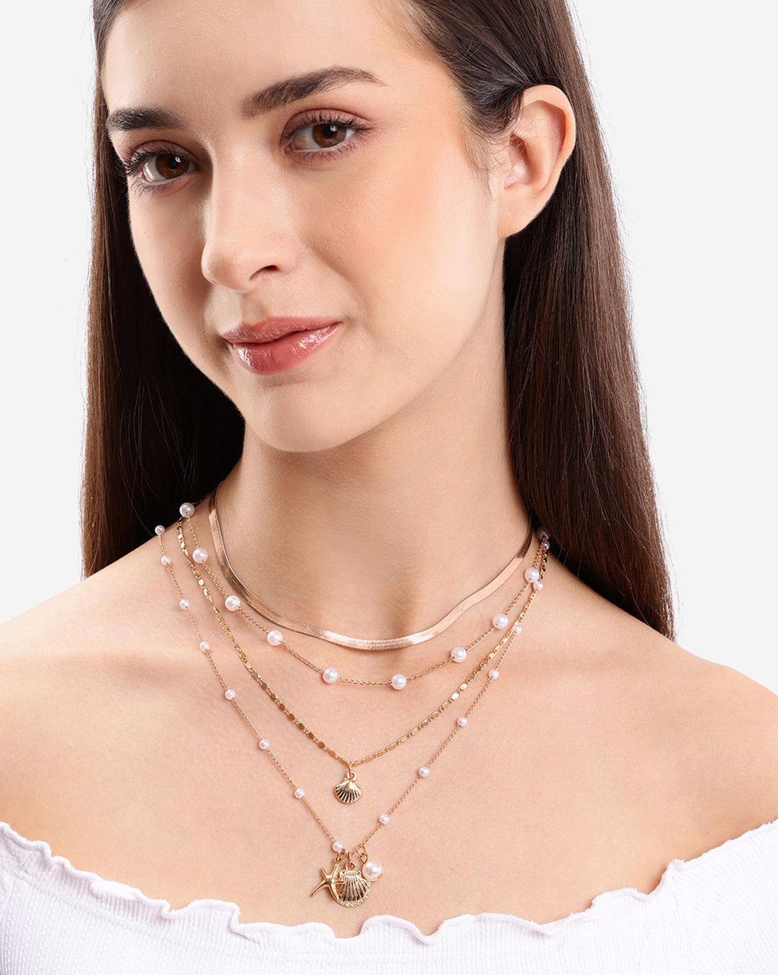 Set of 4 Rose Gold Plated Pearl Seashell Starfish Pendant Multilayered Necklace
