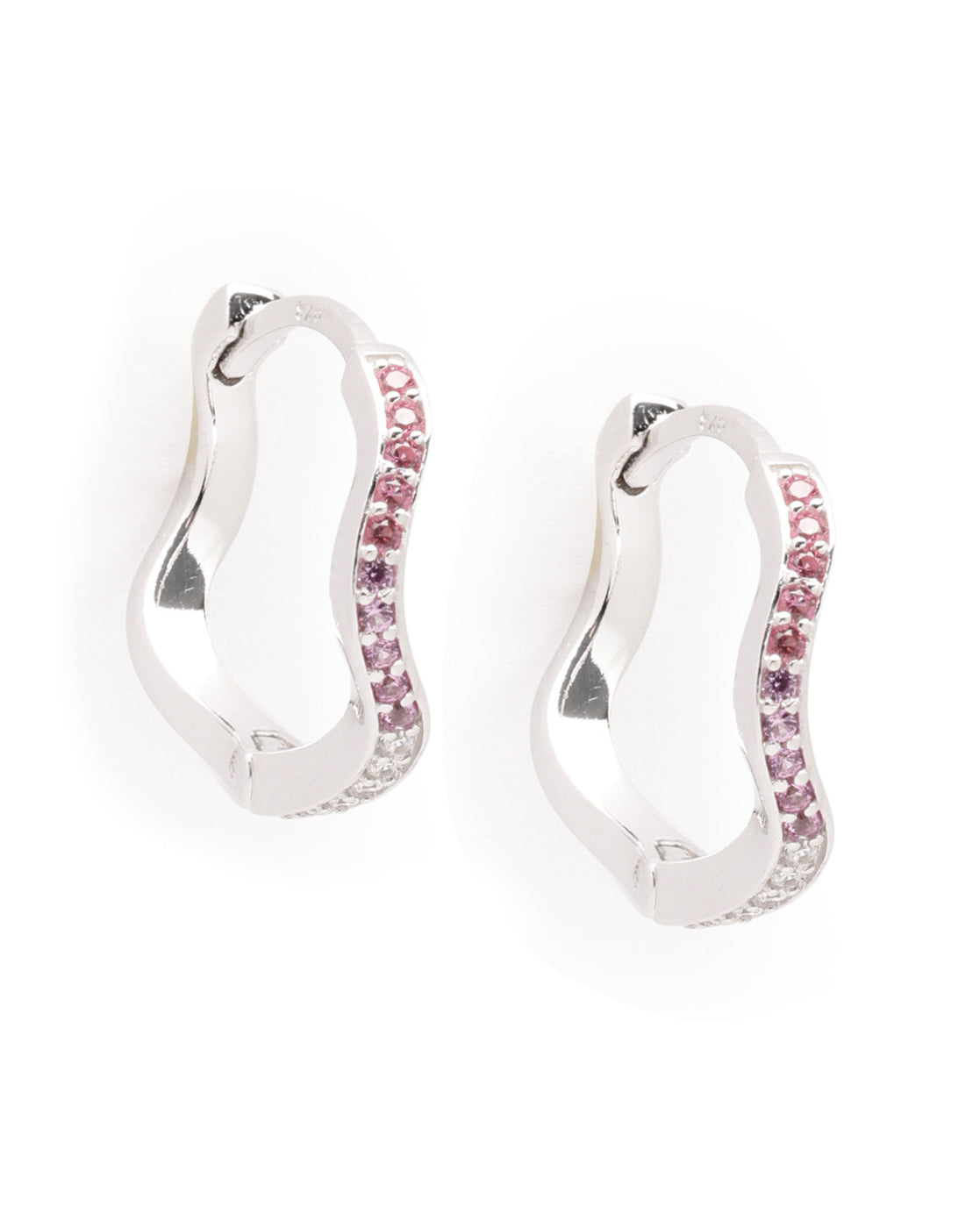 925 Sterling Silver Rhodium Plated Pink CZ Contemporary Wave Earring