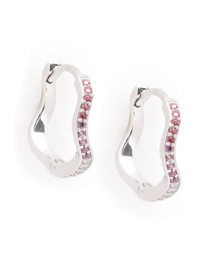 925 Sterling Silver Rhodium Plated Pink CZ Contemporary Wave Earring