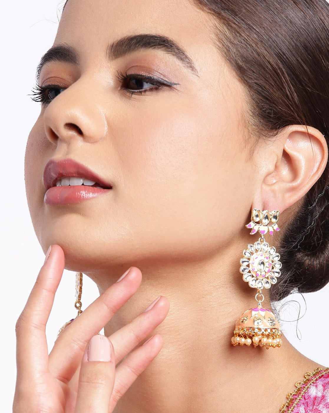 Gold Plated Kundan Medallion Jhumka Earrings with Peach Meenakari Dome &amp; Pearl Drops