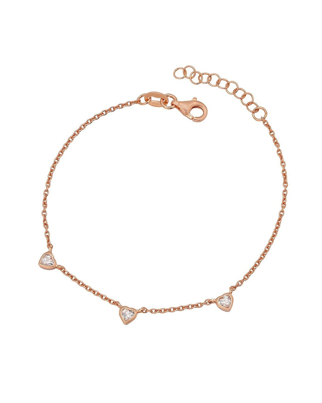 925 Sterling Silver 18kt Rose Gold Plated CZ Heart Charm Bracelet