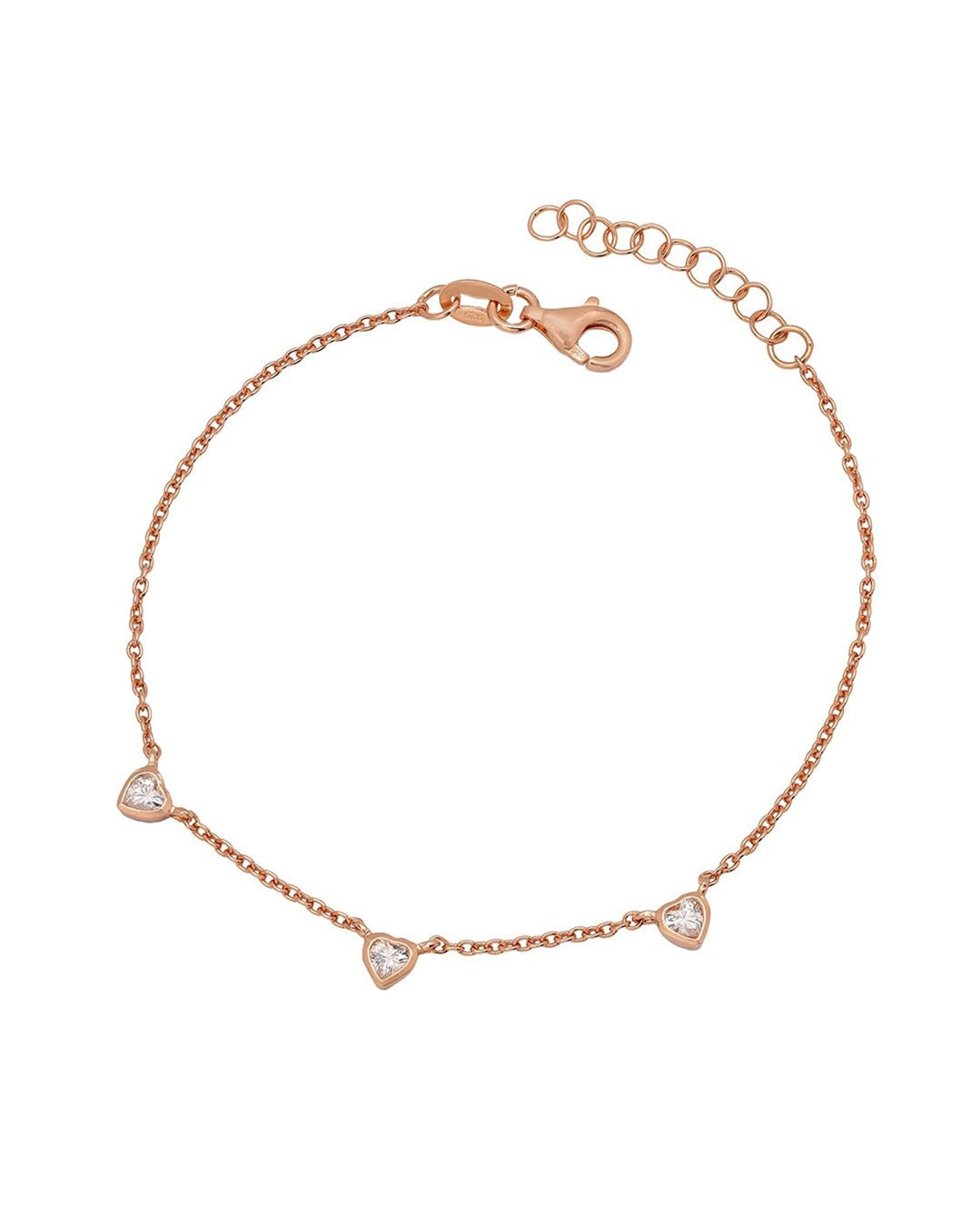 925 Sterling Silver 18kt Rose Gold Plated CZ Heart Charm Bracelet