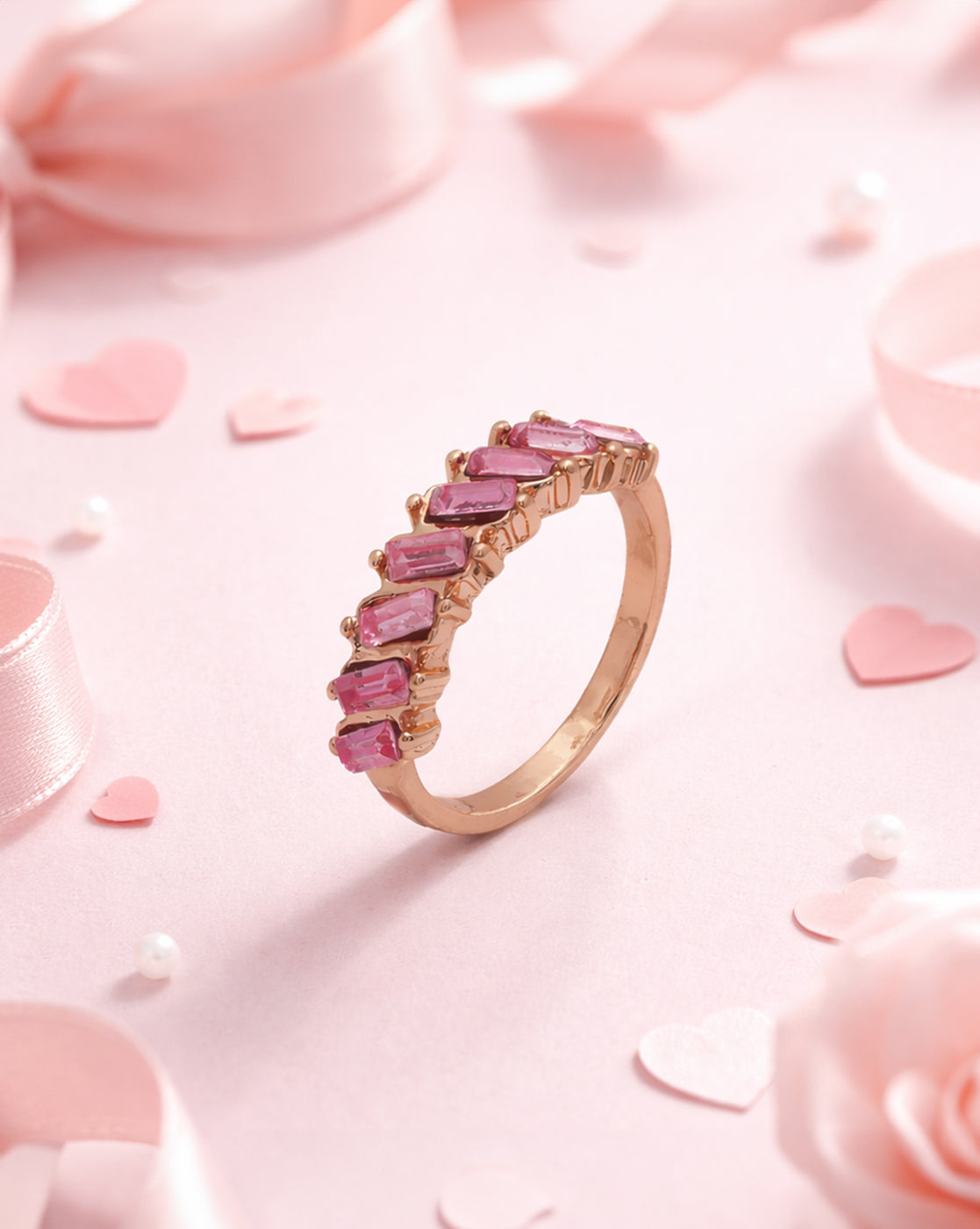 Gold Plated Pink Baguette Stone Statement Ring