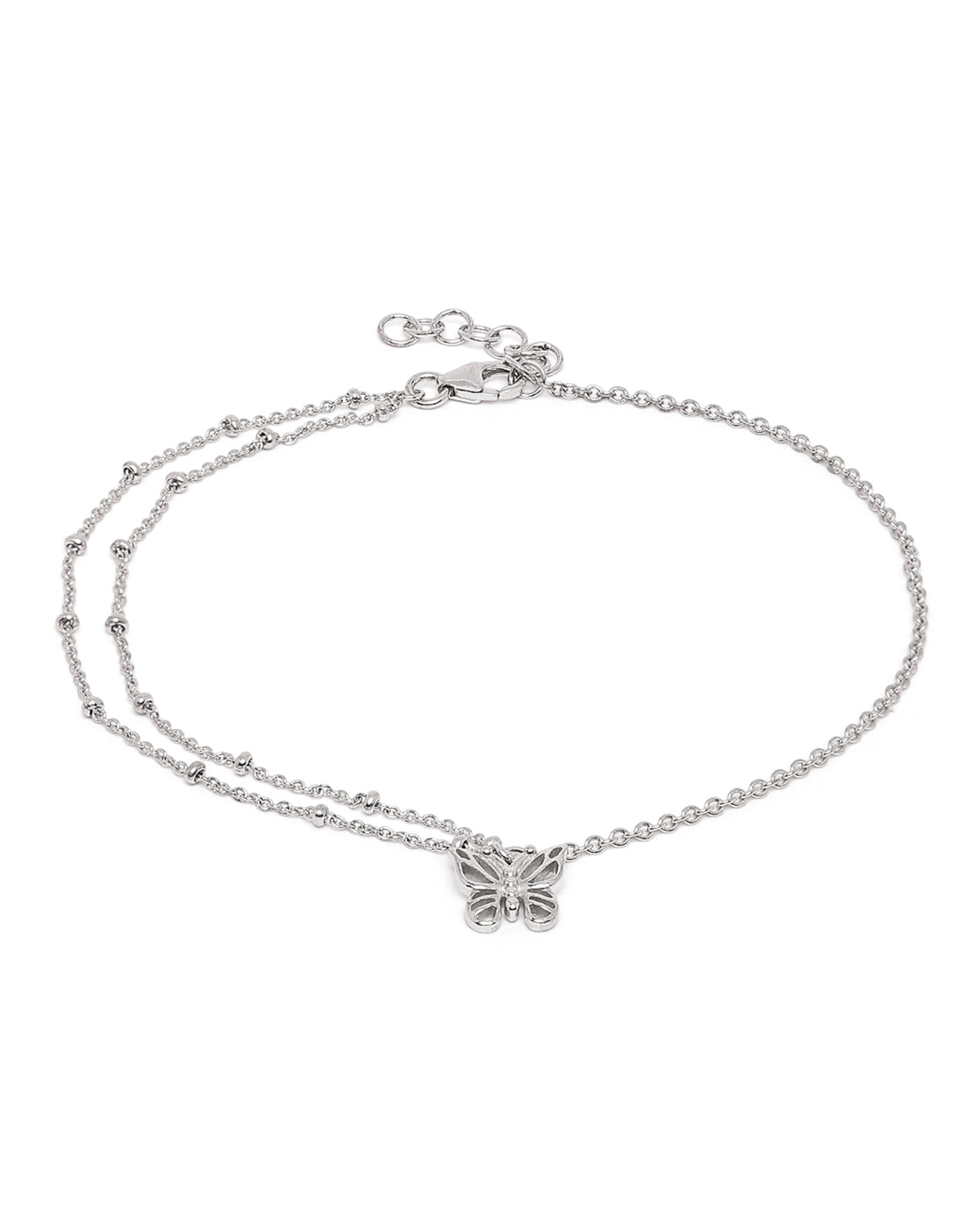 Rhodium Plated Double Chain Butterfly Charm Anklet