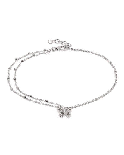 Rhodium Plated Double Chain Butterfly Charm Anklet