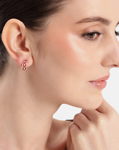 18kt Rose Gold Plated Ruby Studded Triple Band Layered Half Hoop Earring