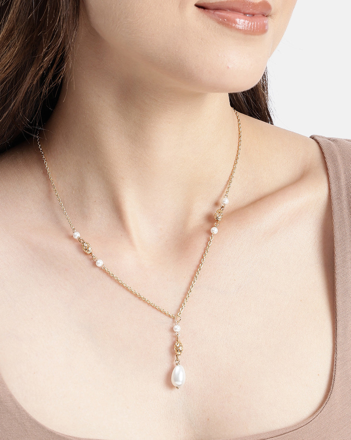 Gold Plated Dangling Pearl &amp; Filigree Beads Long Necklace
