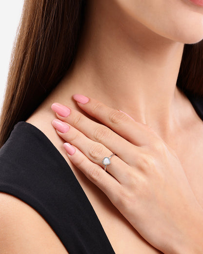 Silver Plated Classic Milky White Stone Adjustable Heart Ring