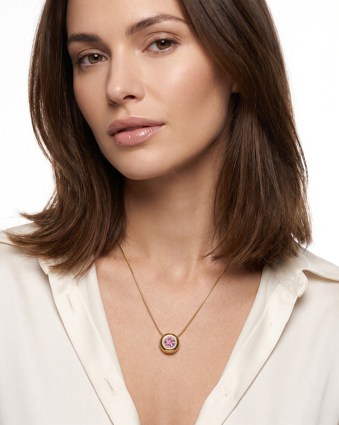 Gold Plated Pink Solitaire Studded Round Pendant and Snake Chain
